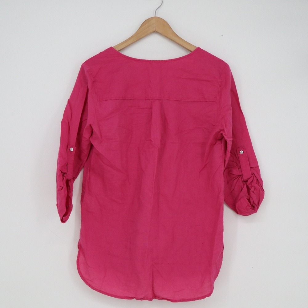 Max Studio Fuchsia Pink Linen Cotton Roll Tab Sleeve Tunic Blouse Small - Picture 5 of 6